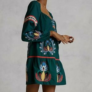 NWT Anthropologie Let Me Be Embroidered Tunic Dress Green Motif
